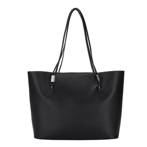 Sac fourre-tout noir minimaliste en similicuir avec logo FASHION embossé et boucles