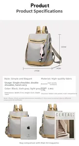 Detailed view of light grey nylon backpack with size specs and iPad comparison