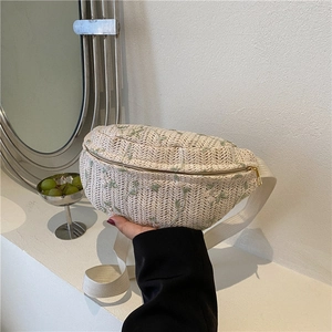 Women Mini Straw Woven Chest Bag Floral Embroidery Half Moon Waist Bag Casual Straw Belt Bag Crossbody Shoulder Bag For Travel Daily