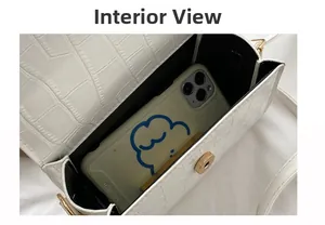 Detail view of white crocodile pattern bag showing inner capacity for a smartphone
