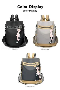 Detailed view of lightweight nylon backpacks in black and grey with cat charms
