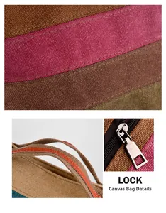 Détails du sac en toile color-block avec coutures robustes et fermeture éclair en métal