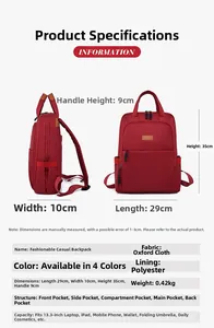 Detailed dimension guide for red oxford fabric backpack with laptop compartment specs