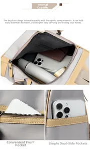 Detail view of large internal capacity and side pockets for water bottle and phone