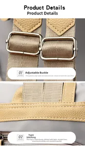 Detailed macro view of beige lychee leather, silver metal buckle, and precise double stitching