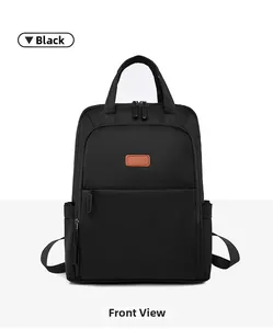 Front view of black waterproof nylon backpack with leather logo for daily commute