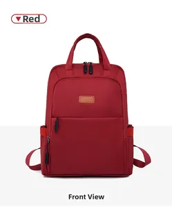 Front view of a red waterproof oxford cloth backpack with dual handles and side pockets