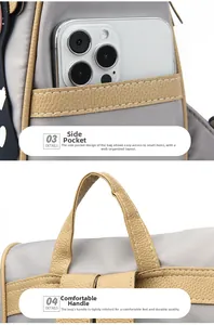 Detail view of nylon backpack with side storage pocket and durable stitched top handle