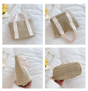 Detailed four-view of a woven straw tote bag with white canvas handles and herringbone texture