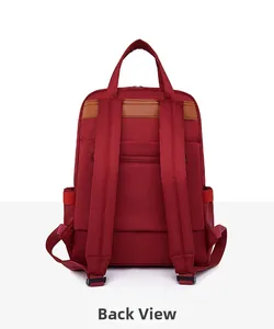 Back view of red oxford backpack with wide shoulder straps and hidden anti-theft pocket