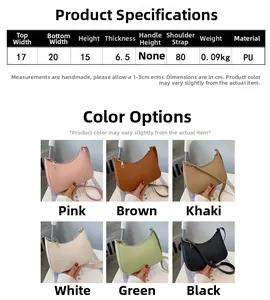 Size guide for PU crossbody bag showing dimensions and the available six color variants