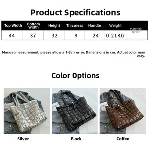 Detailed size specifications for quilted nylon down tote bag with metallic finish