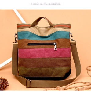 Détail du sac en toile à rayures multicolores avec bandoulière et poche zippée