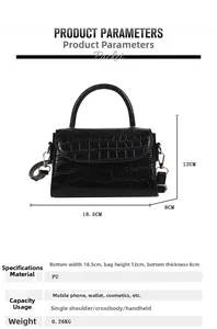 Detailed dimensions of black crocodile texture handbag measuring 18.5cm wide and 12cm high