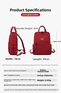Detailed size chart for red oxford fabric backpack showing 29x10x35cm dimensions and capacity
