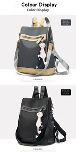 Detail of color-block nylon backpack with metal zippers and cute cat pendant charm
