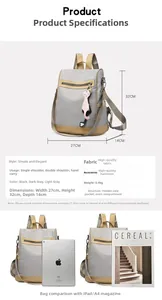 Size chart showing light gray backpack dimensions 27x32x14cm with iPad size comparison
