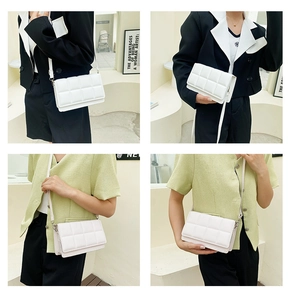 Detail of white quilted crossbody bag with slim strap shown in various fashion styles