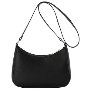 Classic black half-moon underarm bag with gold zipper and adjustable leather strap