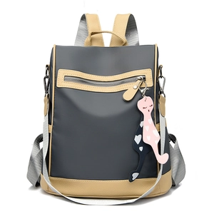 Fashion Women Oxford Cloth Colorblock Backpack Water Resistant Large Capacity Travel Bag Cute Cat Pendant Anti Theft Bag