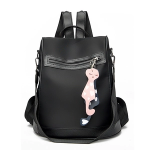 Fashionable black color-block nylon backpack for women with heart cat pendant