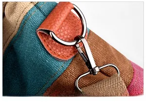 Détail du fermoir pivotant argenté et passant en cuir marron sur le sac en toile multicolore