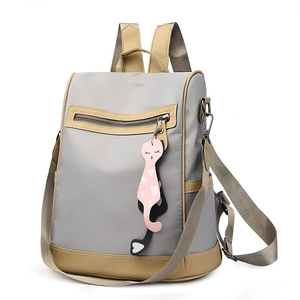 Gray and khaki nylon contrast backpack for women with cute pink cat heart pendant