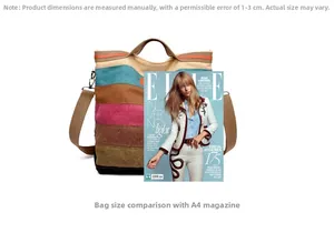 Comparaison détaillée de la taille du grand sac en toile à côté d'un magazine A4