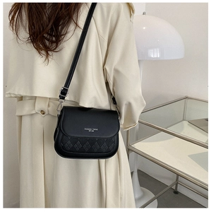 Detail of a black leather saddle bag with diamond quilting and silver metal buckles
