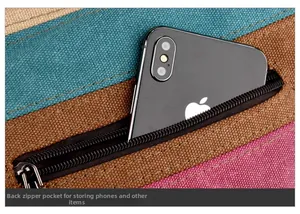 Détail de la poche arrière zippée sur un sac fourre-tout en toile coloré pour portable