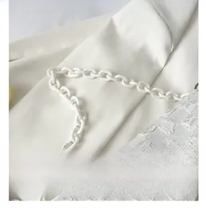 Close-up of white acrylic chain handle and silver metal ring on textured lattice bag