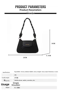 Detail view of black PU shoulder bag with checkered texture and twisted strap dimensions