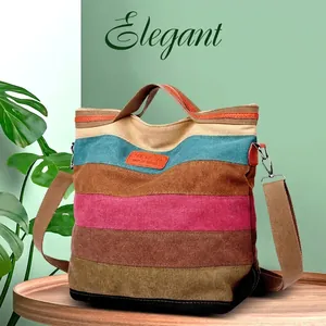 Sac Cabas en Toile de Grande Capacité pour Femmes à Rayures Multicolores Sac à Épaule Mode Décontracté Sac Bandoulière pour Femmes Quotidien