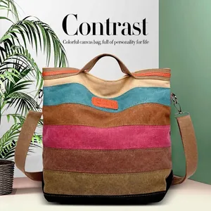 Grand sac cabas en toile à rayures contrastées multicolores et bandoulière réglable femme