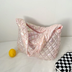 Pink quilted hobo shoulder bag with pearl luster finish and large capacity design
