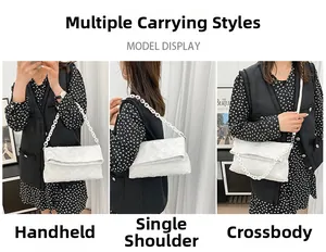 Detailed views of the white textured flap bag shown in handbag, shoulder, and crossbody styles