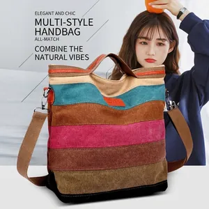 Grand sac cabas en toile à rayures multicolores avec bandoulière réglable pour femme