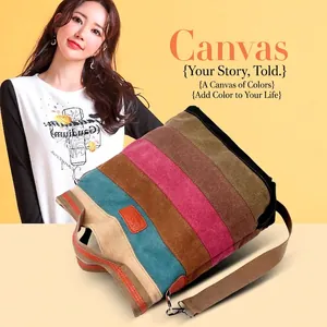 Grand sac à bandoulière en toile rayée avec patchwork multicolore et bandoulières tissées