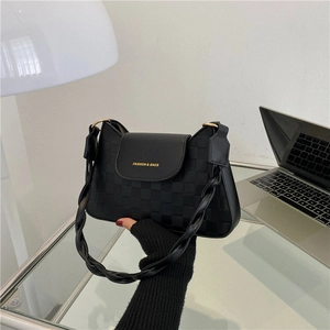 Chic black underarm bag with checkered embossing and twisted woven strap for women