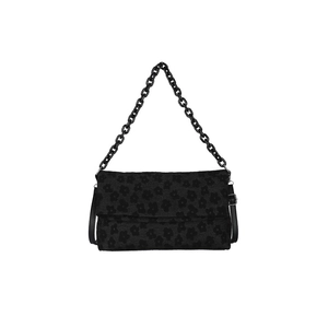 Petit sac carré noir à motif floral texturé avec bandoulière et chaîne en résine