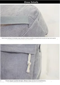 Detailed close-up of corduroy backpack showing reinforced stitching and a zippered front pocket