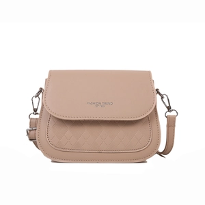 Minimalist beige crossbody bag with quilted rhombic texture and adjustable strap