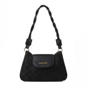 Chic black shoulder bag featuring a woven strap and checkered pattern on white background
