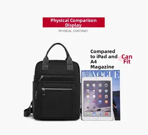 Waterproof nylon backpack size comparison with iPad and A4 magazine showing large capacity