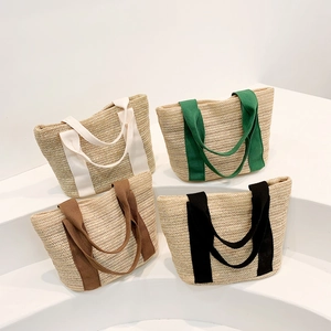 Summer woven straw tote bags with colorful wide straps in four different colors