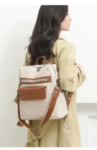 Close-up of leather backpack with side pockets, metal zippers and tassel details