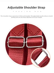 Detail of red adjustable nylon shoulder strap with silver metal buckle on backpack