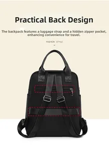 Detail showing the trolley sleeve and hidden anti-theft back pocket on black backpack