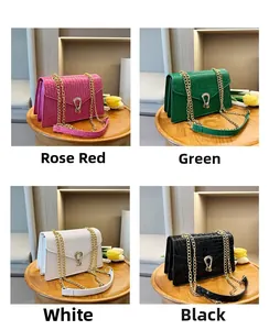 Detailed view of crocodile pattern crossbody bags in four vibrant colors with chain straps