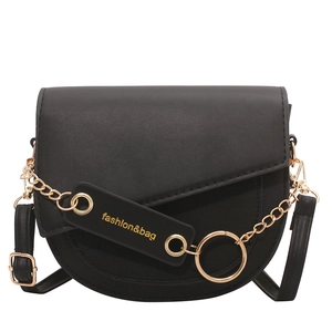 Modern black saddle crossbody bag with gold chain decoration and adjustable strap on white background